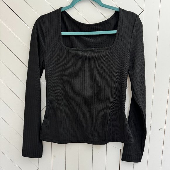Black Ribbed Long Sleeve with Square Neckline, Material has sheen | SHEIN - Picture 1 of 4